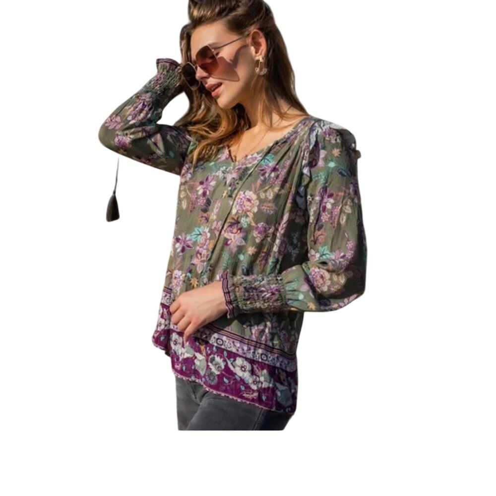 ONE WORLD Olive Green Floral Boho Tunic with Purple Border